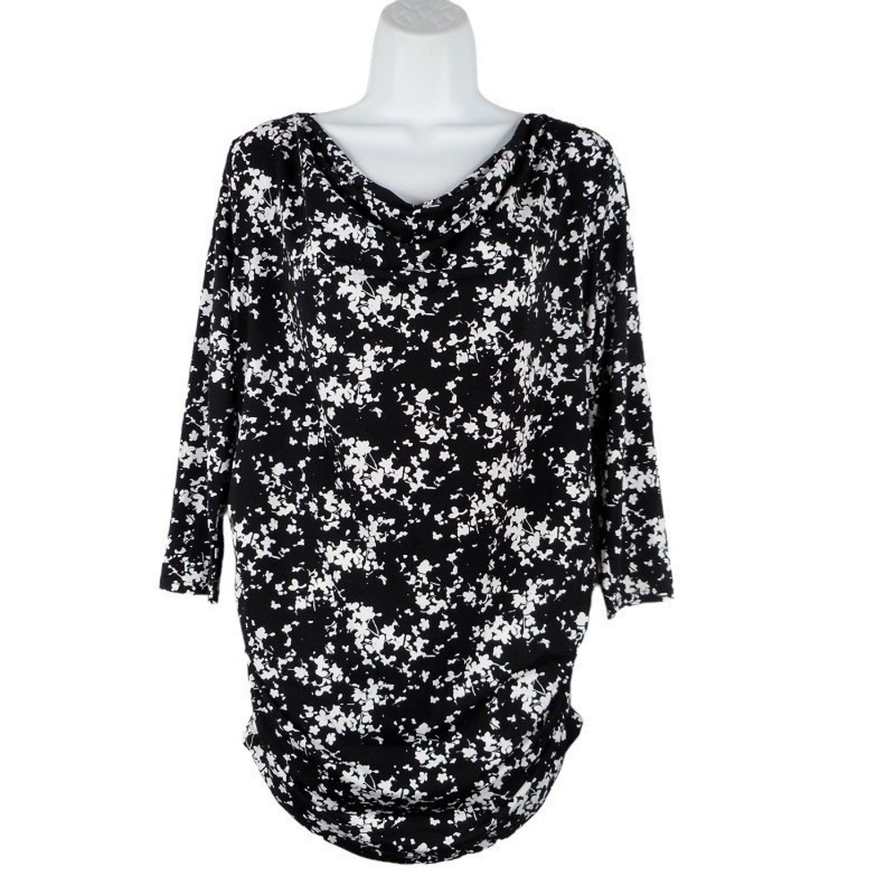 Oh Baby by Motherhood Top Small Black White Cowl Neck 3/4 Sleeve Ruched Floral